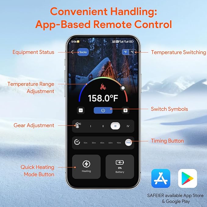 Minthouz Heated Socks, APP Control, 7.4V 5000mAh Rechargeable Battery Powered Smart Foot Warmers Thermal Socks for Men Women, Washable for Winter Fishing Cycling Skiing Skating Hiking Camping