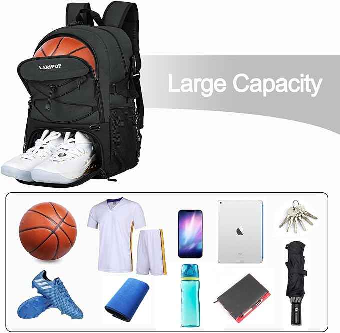 LARIPOP Basketball Bag, Sports Backpack with Ball Holder & Shoe Compartment, Water Resistant Gym Bag for Soccer Volleyball Travel