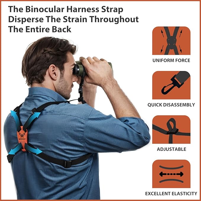 MOXULE Binocular Harness Strap X-shaped - Adjustable Bino Chest Straps for All Binoculars Hunting,Hiking and Birding - Black