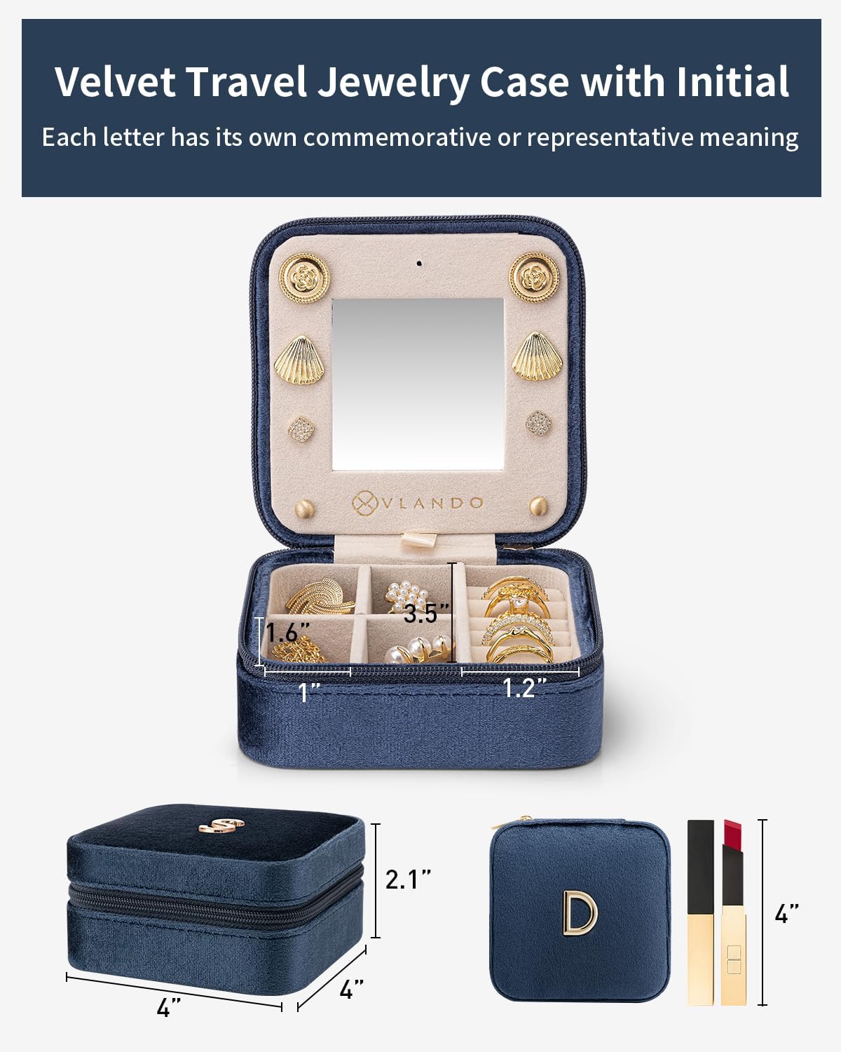 Vlando Wedding Gifts for Women, Jewelry Box, Bridal Shower, Bridesmaid, Bride Gifts, Bridesmaid Proposal Wedding Gifts, Personalized Jewelry Case - Letter D, Dark Blue