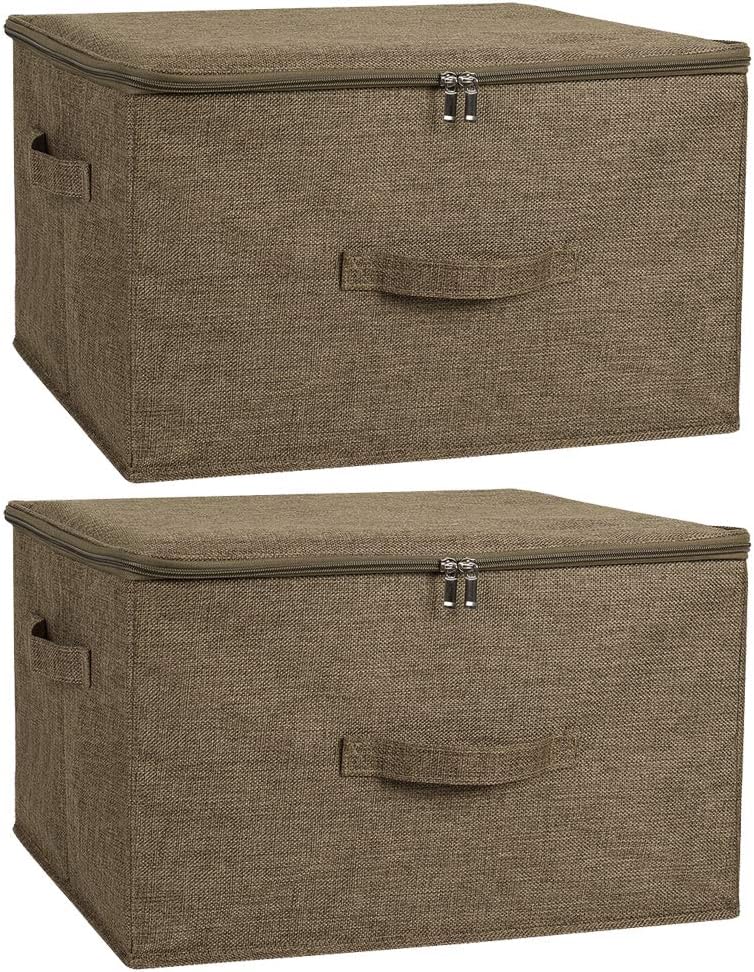 ANMINY 2PCS Storage Bins with Zipper Lids 36 Qt Lidded Fabric Storage Boxes Baskets Cubes with Handles Collapsible Washable Cotton Linen Closet Shelf Clothes Organizer Containers - Coffee, Large