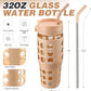MUKOKO 32 oz Glass Tumbler with Straw,Glass Water Bottles with Time Marker,Iced Coffee Cup with 2 Lids-Handle Spout Lid&Straw Lid,Silicone Sleeve,Leakproof,1 Pack-Amber