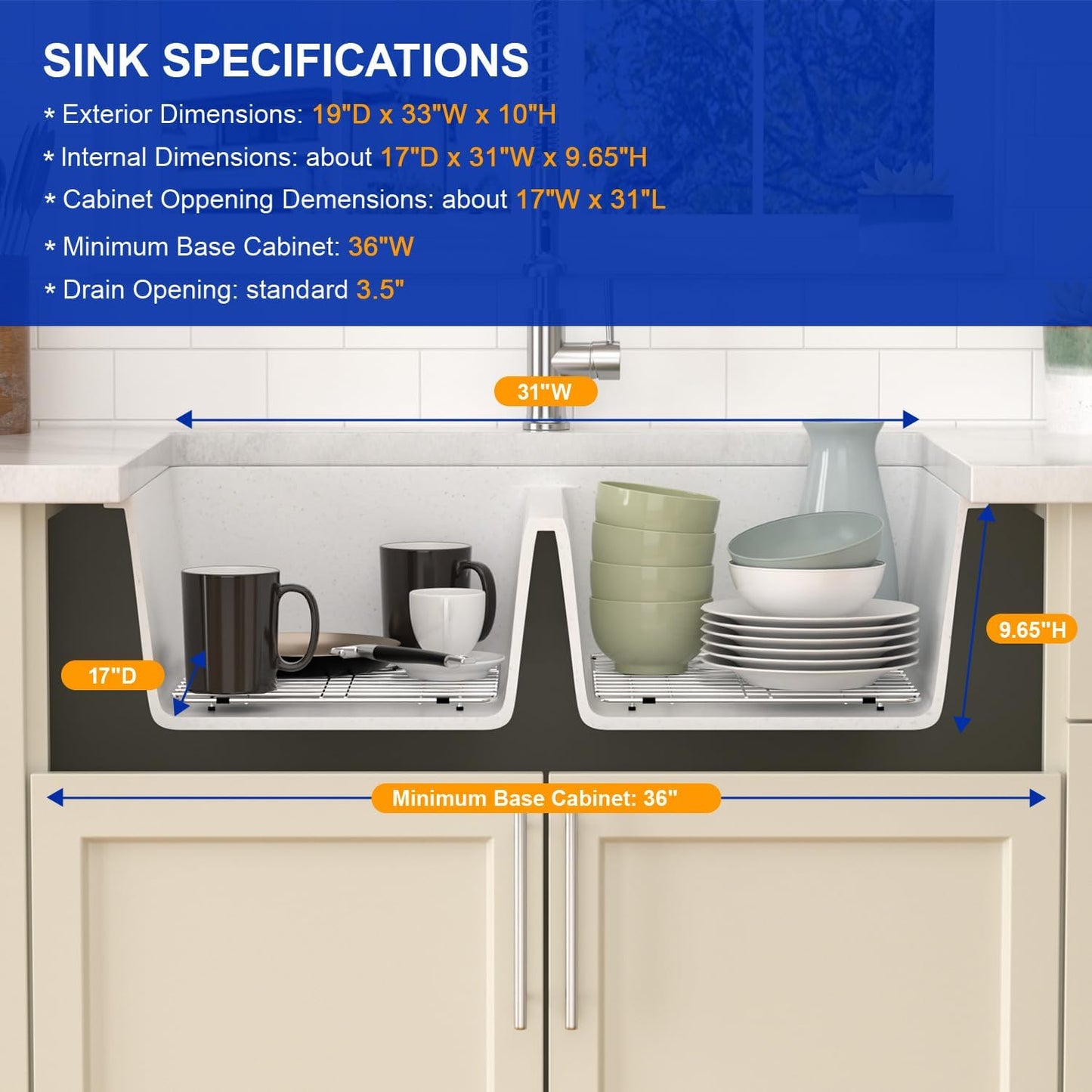 Dcolora 33 Inch Double Bowl Undermount Kitchen Sink White Deep Double Basin Prep Sink 50/50 Split Granite Composite 33"×19"×10“,#DC-GU001W