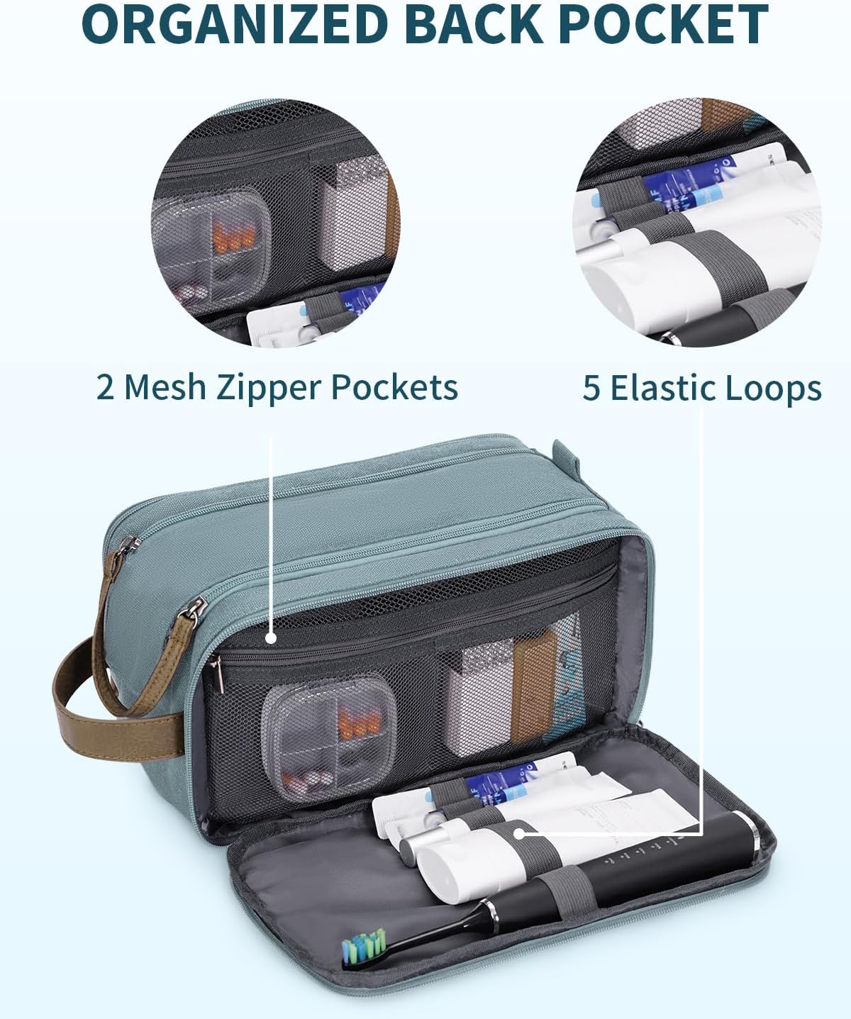 WANDF Toiletry Bag for Men Travel Toiletry Organizer Canvas and Leather Dopp Kit Water-Resistant Shaving Bag for Travel Accessories (Pale Blue, Large) - Roamly