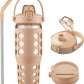 MUKOKO 32 oz Glass Tumbler with Straw,Glass Water Bottles with Time Marker,Iced Coffee Cup with 2 Lids-Handle Spout Lid&Straw Lid,Silicone Sleeve,Leakproof,1 Pack-Amber