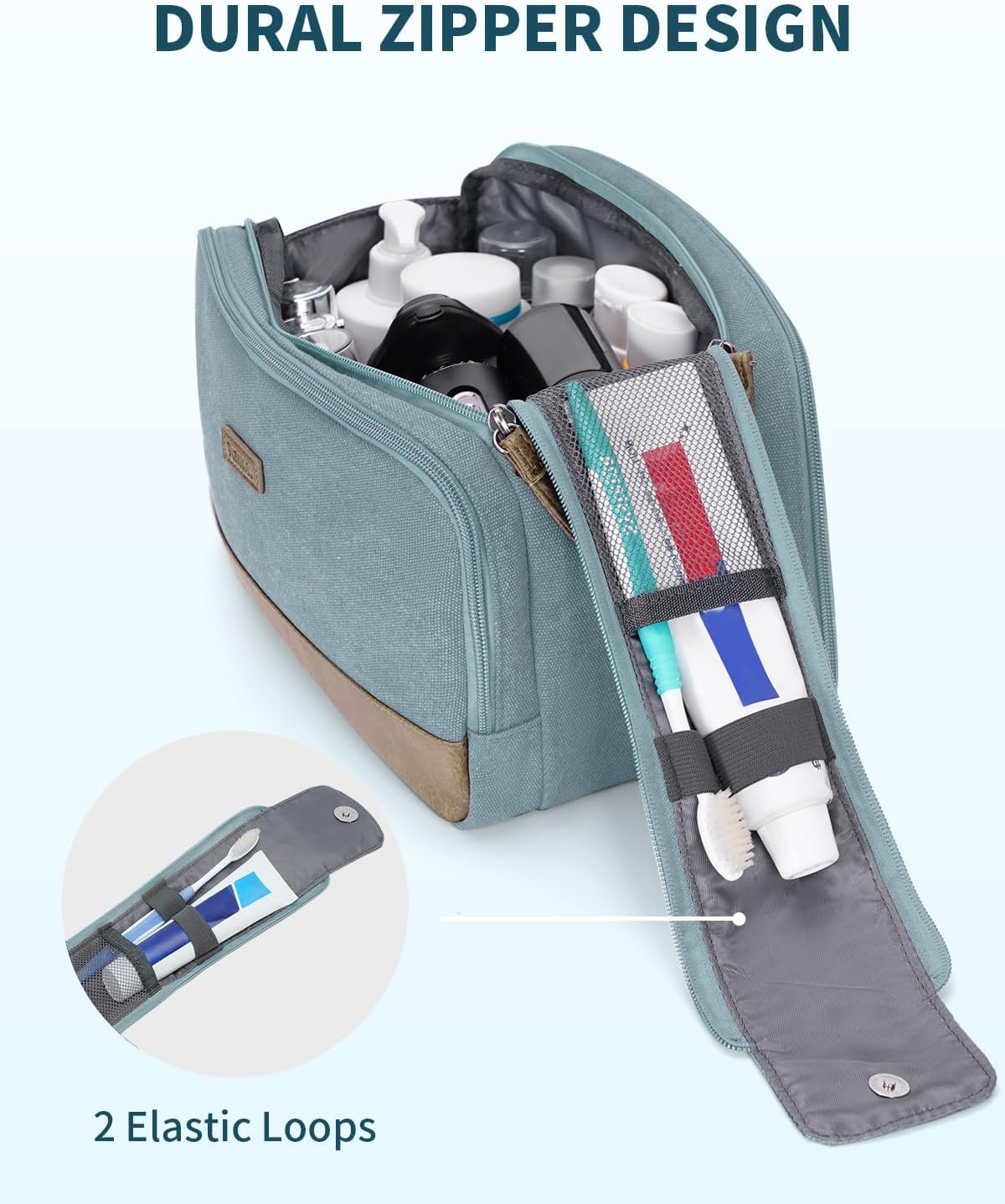 WANDF Toiletry Bag for Men Travel Toiletry Organizer Canvas and Leather Dopp Kit Water-Resistant Shaving Bag for Travel Accessories (Pale Blue, Large) - Roamly