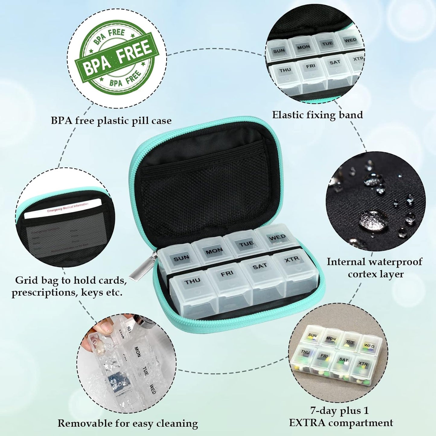 Serfeymi Weekly Travel Pill Organizer Pill Case for Purse with Removable 7 Day Pill Box, Fashionable Travel Medicine Organizer Pill Container for Medicine, Vitamin, Supplement - Green 01