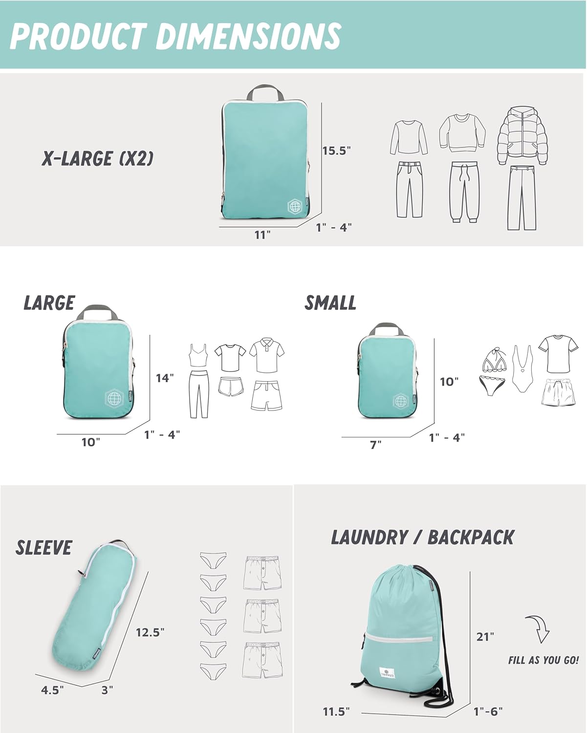 Large Compression Packing Cubes 6 Piece Set for Travel with Lightweight Laundry Bag/Drawstring Backpack for Carry-On Suitcase (Teal/White) - Roamly