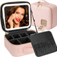 Makeup Travel Train Case with Mirror LED Light 3 Adjustable Brightness Cosmetic Bag Portable Storage Adjustable Partition Waterproof Makeup Brushes Makeup Jewelry Gift for Women (Pink checkered)