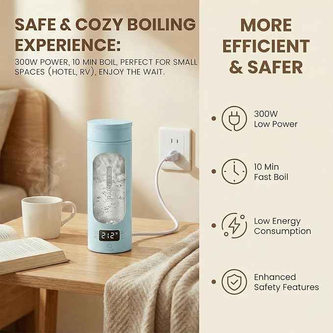 Portable Electric Kettle for Travel, Small Hot Water Kettle with NTC Temperature Control and Auto Shut-Off, 316 Stainless Steel, Blue 120V & 15oz