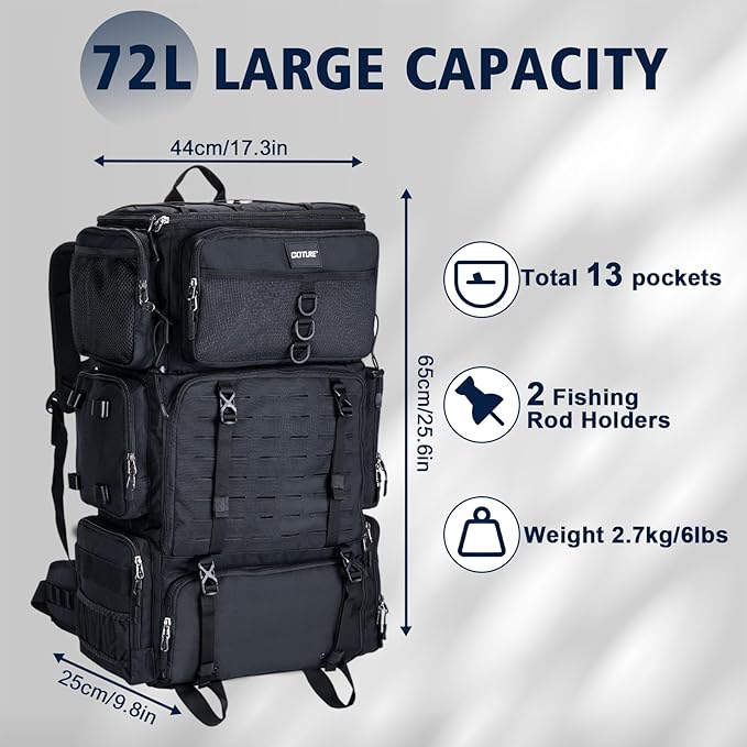 Goture Fishing Backpack with Cooler,72L Large 600D Tackle Backpack with Rod Holders,Dry & Wet Split Compartment,Adjustable Main Compartment,Rain Cover,Insulated Tactical Bag for Travel Camping Hiking