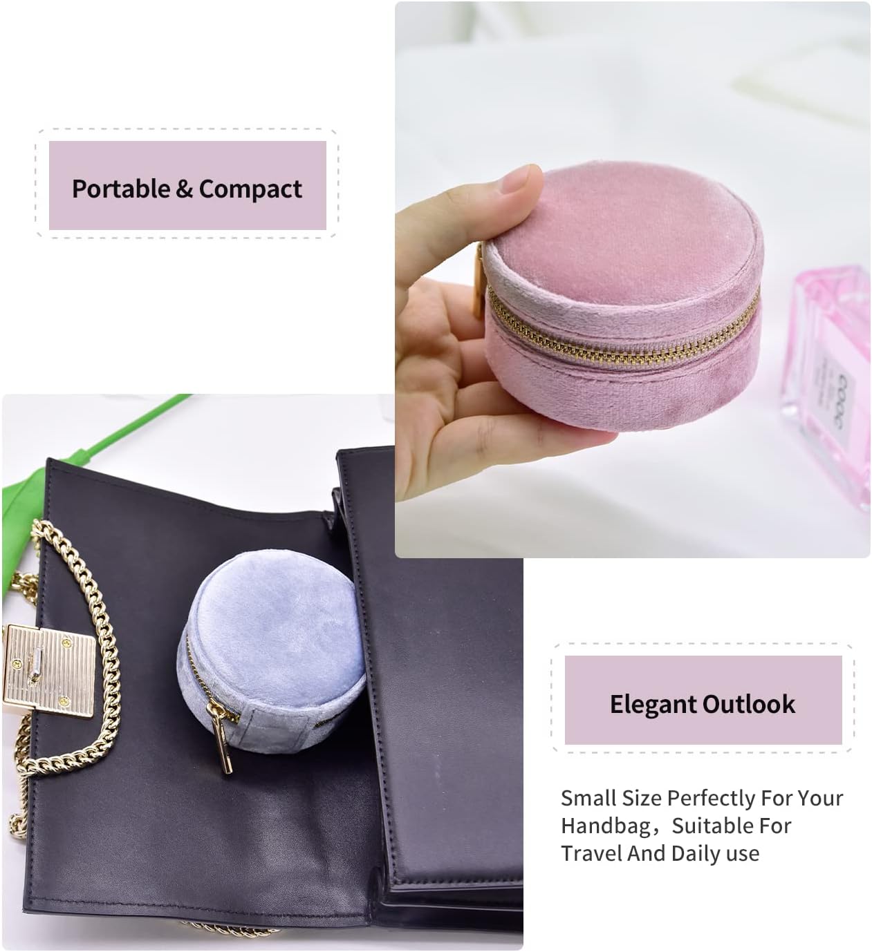 TAIMY Travel Jewelry Organizer, Small Round Velvet Travel Jewelry Case for Women Girls, Portable Mini Jewelry Travel Organizer Boxes for Rings Earrings Necklaces Bracelets(White)