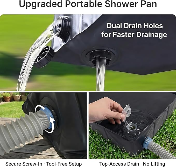 Upgraded Portable Shower Pan 41" x 41" x 5", Foldable Camping Shower Base with Waterproof Storage Bag, Dual Drain Holes, for RV Camping Outdoor Indoor & Portable Showers