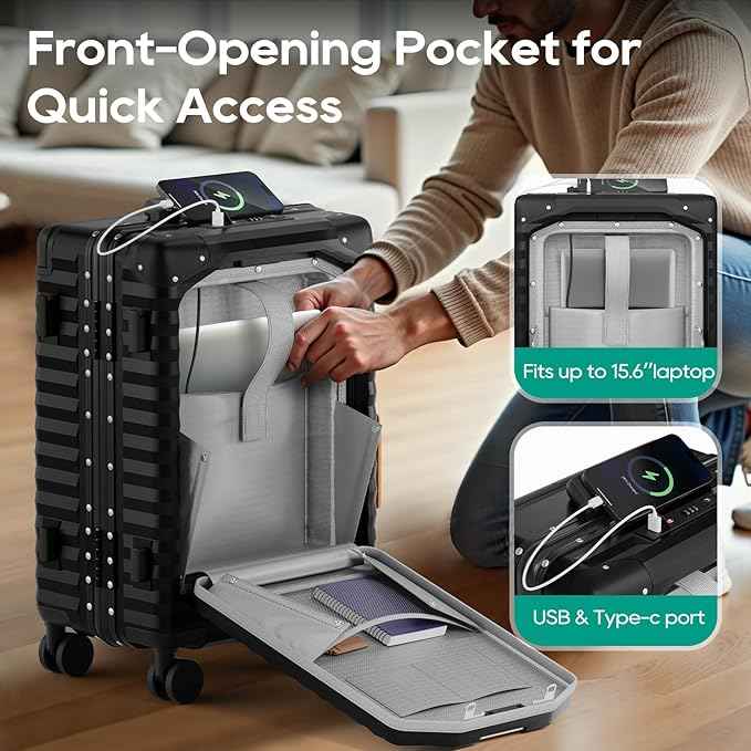Joyway 20 Inch Carry on Luggage with Aluminium Frame and Front Pocket, PC Hardshell Suitcase with USB Port and Cup Holder, 21.5x14.2x9 Airline Approved, Luggage with Spinner Wheels and TSA Lock(Black)