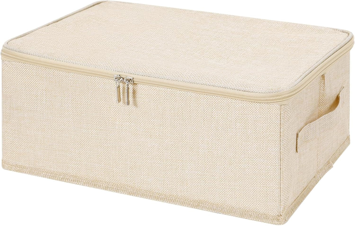 ANMINY 3PCS Storage Bins with Zipper Lids 13 Qt Lidded Fabric Storage Boxes Baskets Cubes with Handles Collapsible Washable Cotton Linen Closet Shelf Clothes Organizer Containers - Beige, Small