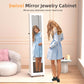 RQZ 360° Rotating Jewelry Organizer with Lights, 8 LEDs Jewelry Cabinet Armoire Standing, Lockable Jewelry Storage with Full-Length Mirror, 4 Storage Shelves, Interior Mirror(65.35" H)