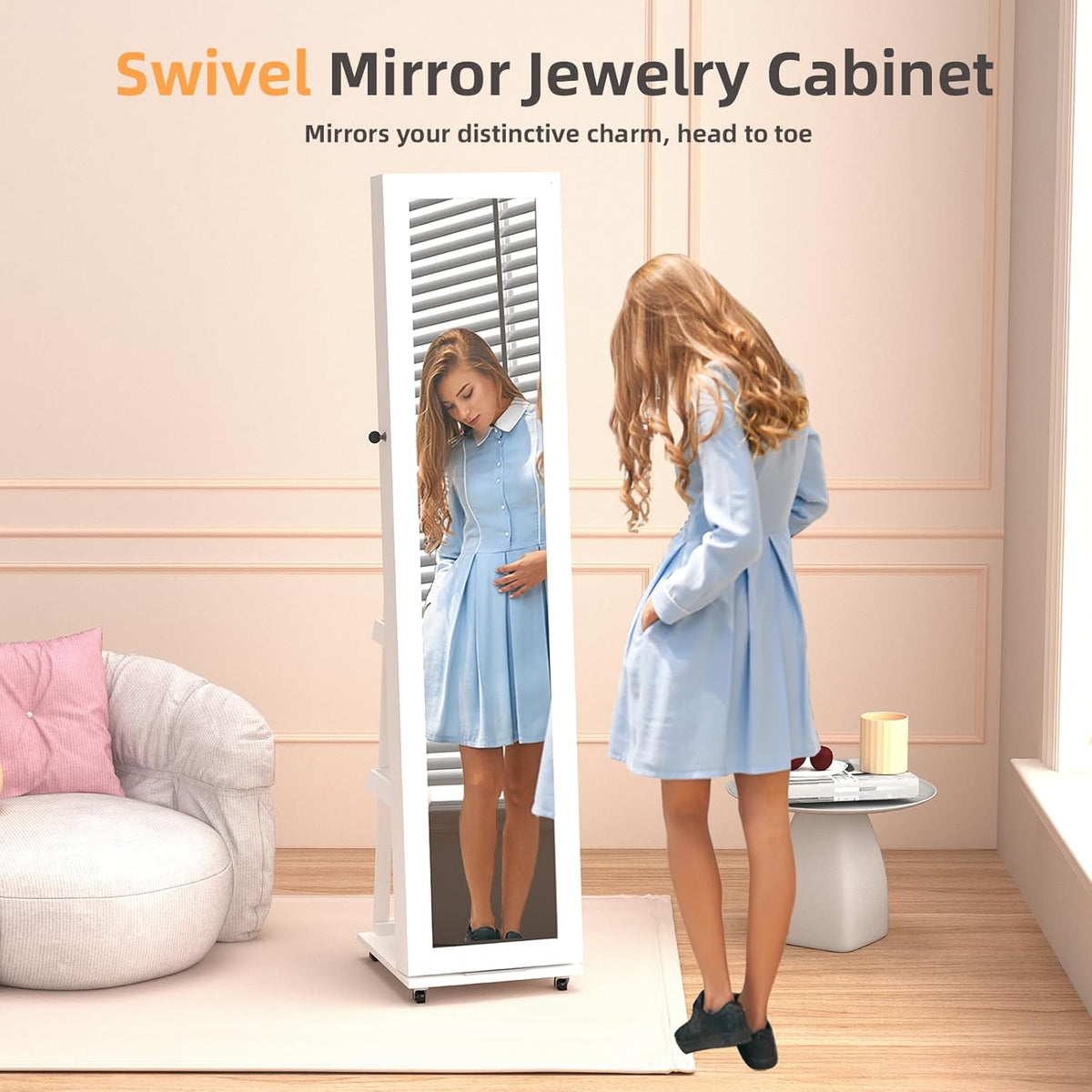 RQZ 360° Rotating Jewelry Organizer with Lights, 8 LEDs Jewelry Cabinet Armoire Standing, Lockable Jewelry Storage with Full-Length Mirror, 4 Storage Shelves, Interior Mirror(65.35" H)