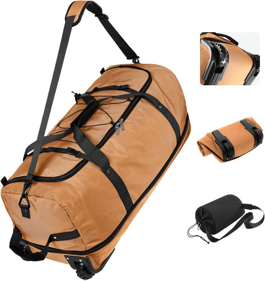 Vomgomfom Wheeled Collapsible Duffel Bag,110L-140L Expandable Checked Luggage, No-Telescopic-Handle with Anti-Burst Zipper & Reinforced Frame,Brown - Roamly