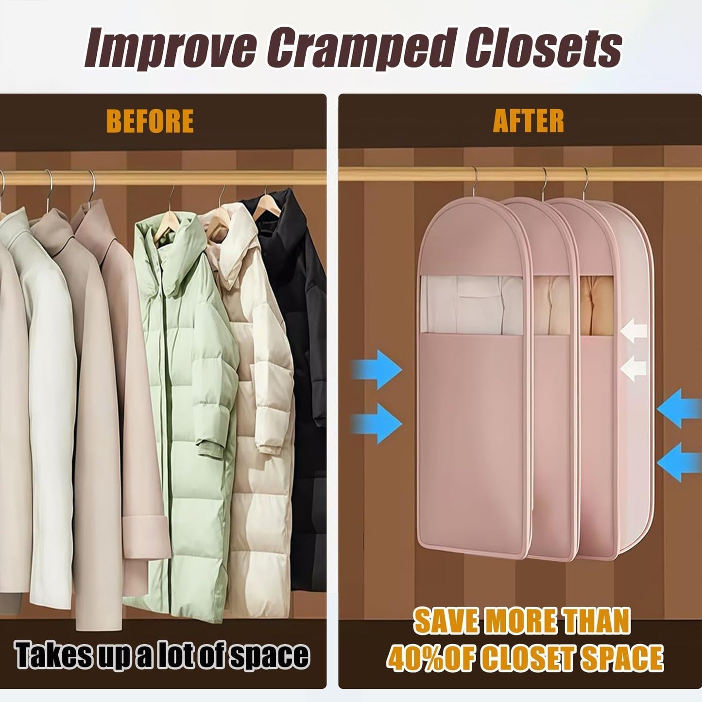 Space Saving Hanging Garment Bag with Self Compression Zipper, Space-Saving Dust-Proof Down Jacket Compression Storage Bag for Coats Blankets, Sweaters, Seasonal Clothes(Beige, L)