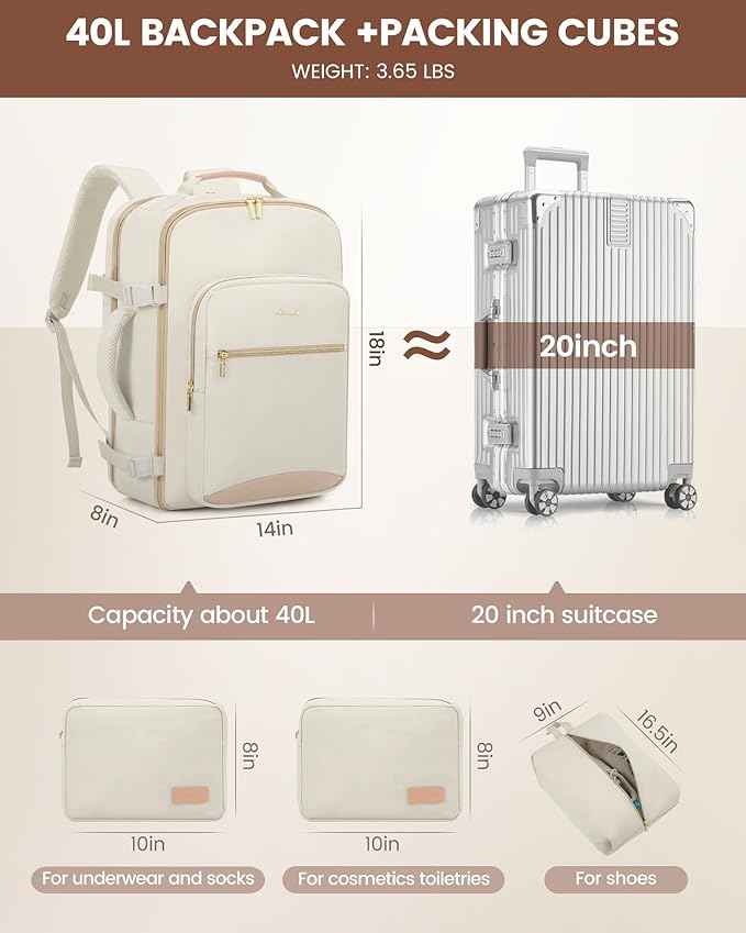LOVEVOOK Travel Backpack for Women & Men 40L,Airline Approved Carry On Backpack Travel Essential,TSA Carry on Luggage,Waterproof Personal Item Travel Bag,Suitcase with 3 Packing Cube,Beige-Flesh beige