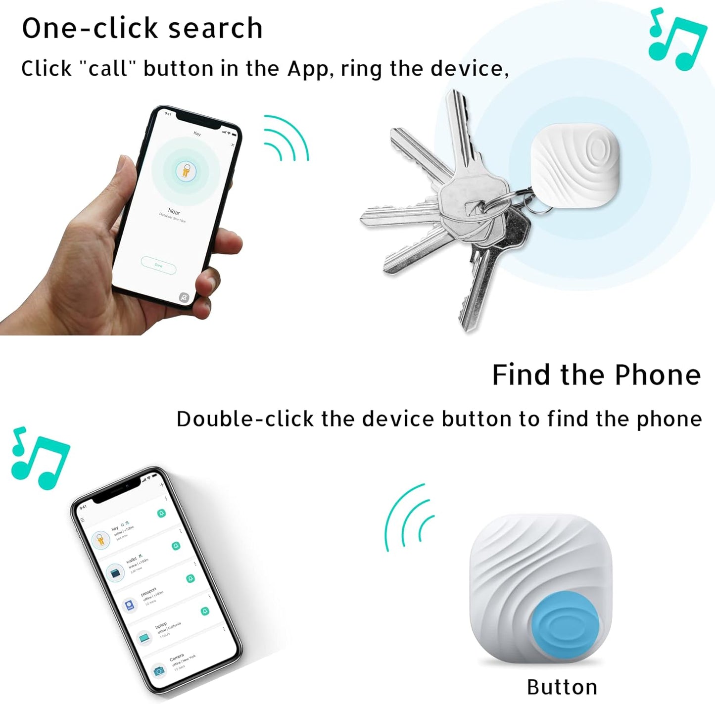 Key Finder, Bluetooth Tracker Item Locator with Key Chain for Keys Pet Wallets or Backpacks and Tablets, Batteries Include (1 White & 1Gray, 2 Pack)