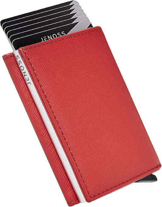 Jenoss Smart Wallet For Men & Women: Full Grain Leather, Handcrafted, Slide Metal Pop Up Case, Slim RFID Blocking Credit Card Holder Minimalist Compact 12 Cards Slot Organizers ID Clip (Red & Silver)