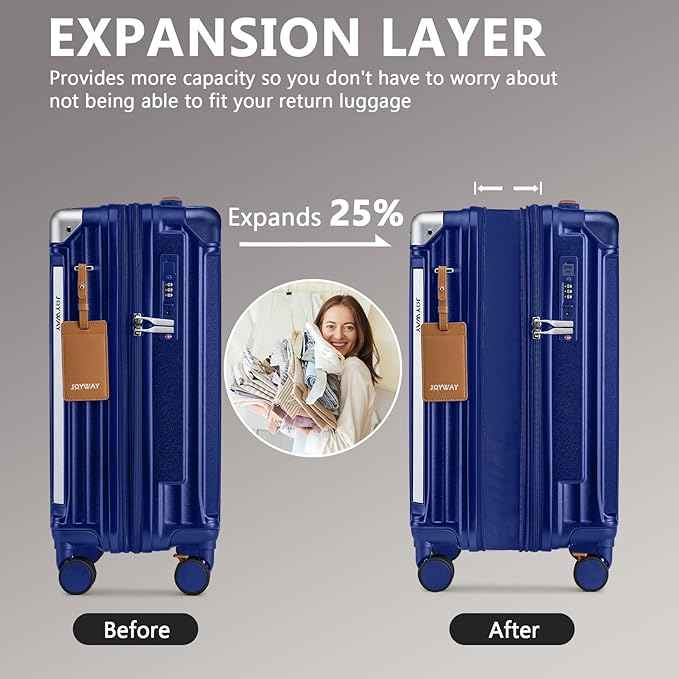 Joyway Luggage Sets 3 Piece, Expandable Suitcase with Smart Cup Holder and USB Port, Hardside Carry On Checked with TSA Lock Spinner Double Wheels, Blue