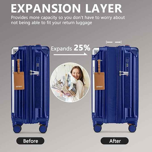 Joyway Luggage Sets 3 Piece, Expandable Suitcase with Smart Cup Holder and USB Port, Hardside Carry On Checked with TSA Lock Spinner Double Wheels, Blue