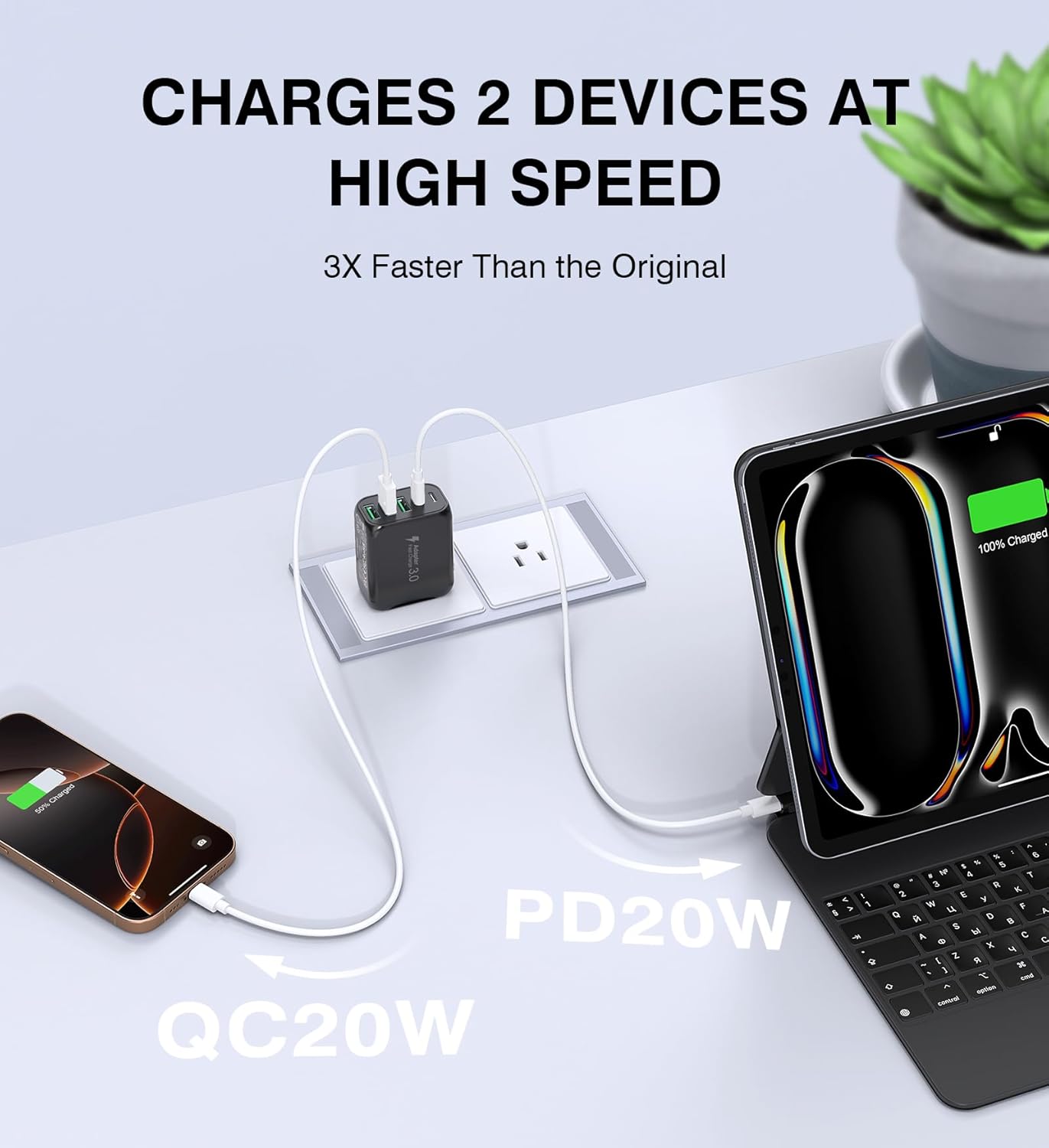 [2-Pack]50W USB C Wall Charger Block, 5-Port C Charger Fast Charging Block PD Power Adapter +QC 3.0 Multiport Type C Box Brick Cube USB A Wall Plug for iPhone 16/15/14/13 Pro Max,Samsung Galaxy(Black) - Roamly