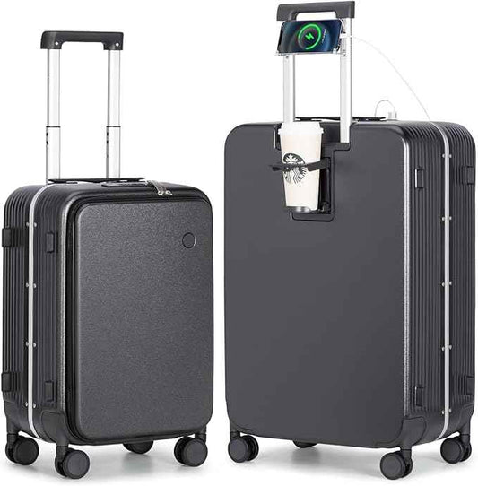 mixi 2-Piece Luggage Sets with Cup Phone Holder and Charger Hard Shell Suitcases with Spinner Wheels, 20+26 Rock Gray