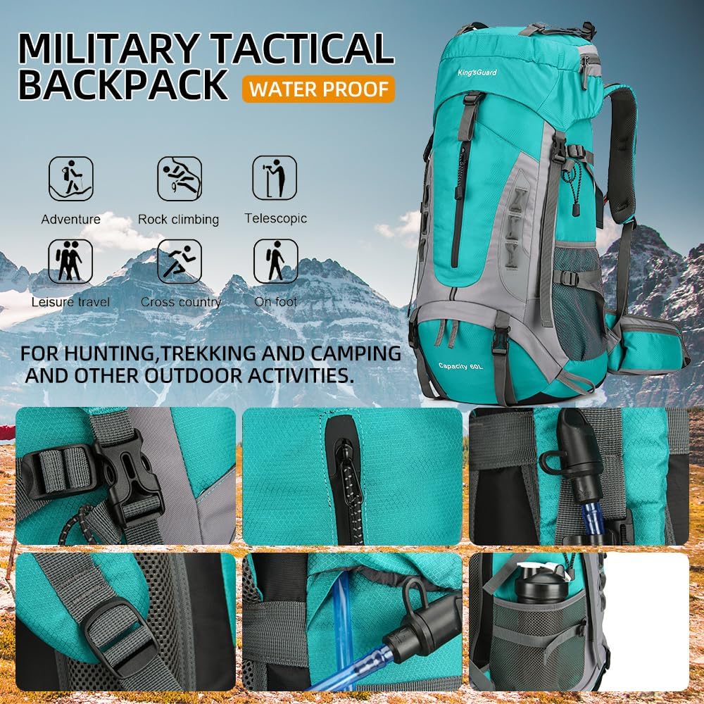 King'sGuard 60L Hiking Backpack Large Waterproof Camping Backpack for Men and Women Lightweight Frameless Backpacking Backpack with Rain Cover (Lake Blue) - Roamly