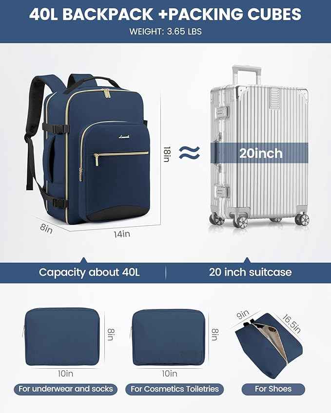 LOVEVOOK Travel Backpack for Women & Men 40L,Airline Approved Carry On Backpack Travel Essentials,TSA Carry on Luggage,Waterproof Personal Item Travel Bag,Suitcase with 3 Packing Cube,Blue green-Black