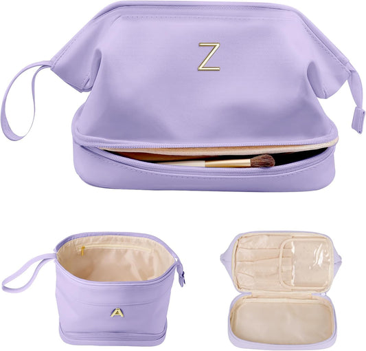 Birthday Gifts for Girls, Initial Large Makeup Bags, Personalized Double Layer Cosmetic Bag with Makeup Brush Organizer,Toiletry Bag, Gifts for Women Girlfriend Friends Female Mom Sister