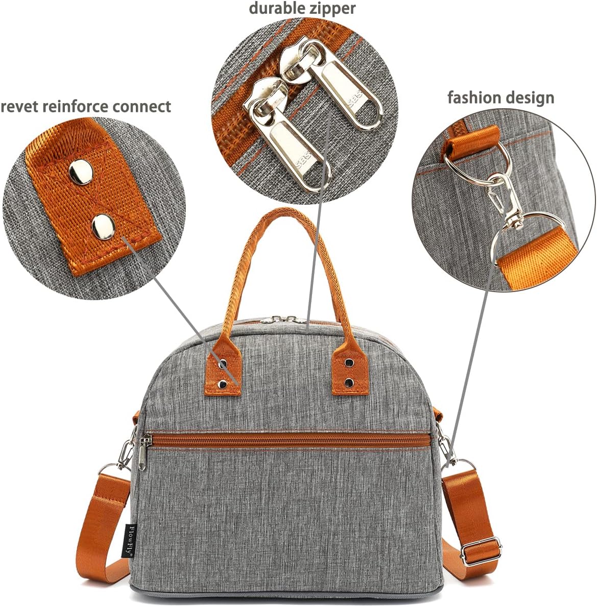FlowFly Insulated Lunch Bag With Shoulder Strap for Women, Men, and Kids, Large and Reusable, Handle, Freezable Work and School Travel Tote and Meal Prep Organizer,Grey