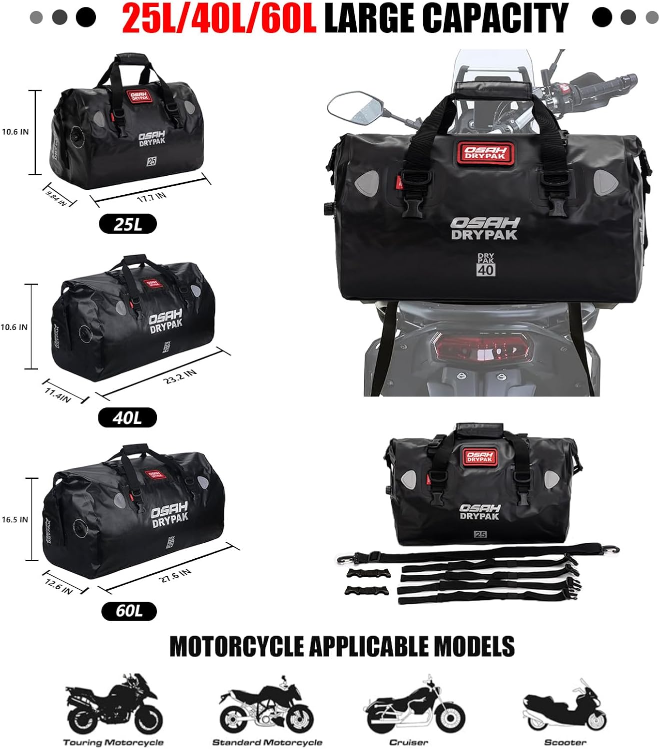 Waterproof Duffel& Luggage Bag - Motorcycle Dry Bag Tail Saddle Bags with Roll Top Closure,Large Storage Space,for Camping, Kayaking, Fishing & Traveling(Orange, 40L)