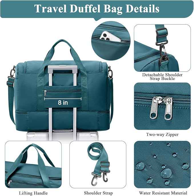 Extra Large Travel Duffle Bag,Carry on Overnight Bag with Shoes Compartment,Weekender Bags for Women for Travel Business Trips Sport Hospital,3 Pcs Set,Peacock Blue