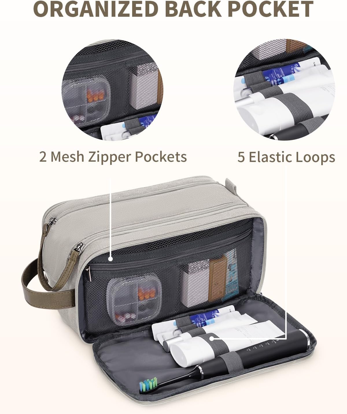 WANDF Toiletry Bag for Men Travel Toiletry Organizer Canvas and Leather Dopp Kit Water-Resistant Shaving Bag for Travel Accessories (Cream Beige, Large) - Roamly