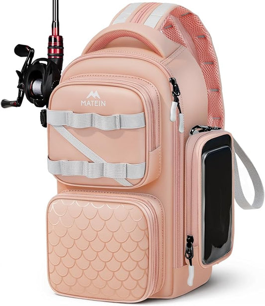 MATEIN Fishing Sling Bag with Lure Rod Holder & Phone Pouch, Waterproof 3600 Tackle box Backpack with Removable Bait Binder
