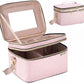 Double Layer Travel Makeup Bag Women, Cosmetic Organizer Case, Travel Essentials Accessories with Shoulder Strap for Bottles, Brushes, Conditioner, Skin Care Products, Pink