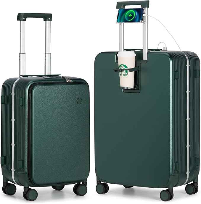 mixi 2-Piece Luggage Sets with Cup Phone Holder and Charger Hard Shell Suitcases with Spinner Wheels, 20+26 Inch Blackish Green