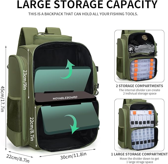WANOON 42L Fishing Backpack with Rod Holders. Large Ttackle Bag Strong Materials
