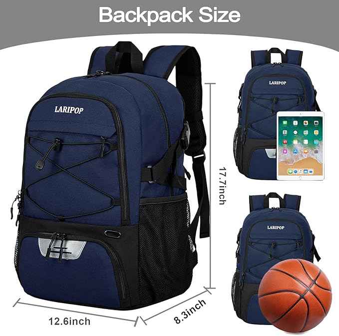 LARIPOP Basketball Bag, Sports Backpack with Ball Holder & Shoe Compartment, Water Resistant Gym Bag for Soccer Volleyball Travel