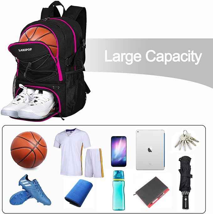 LARIPOP Basketball Bag, Sports Backpack with Ball Holder & Shoe Compartment, Water Resistant Gym Bag for Soccer Volleyball Travel