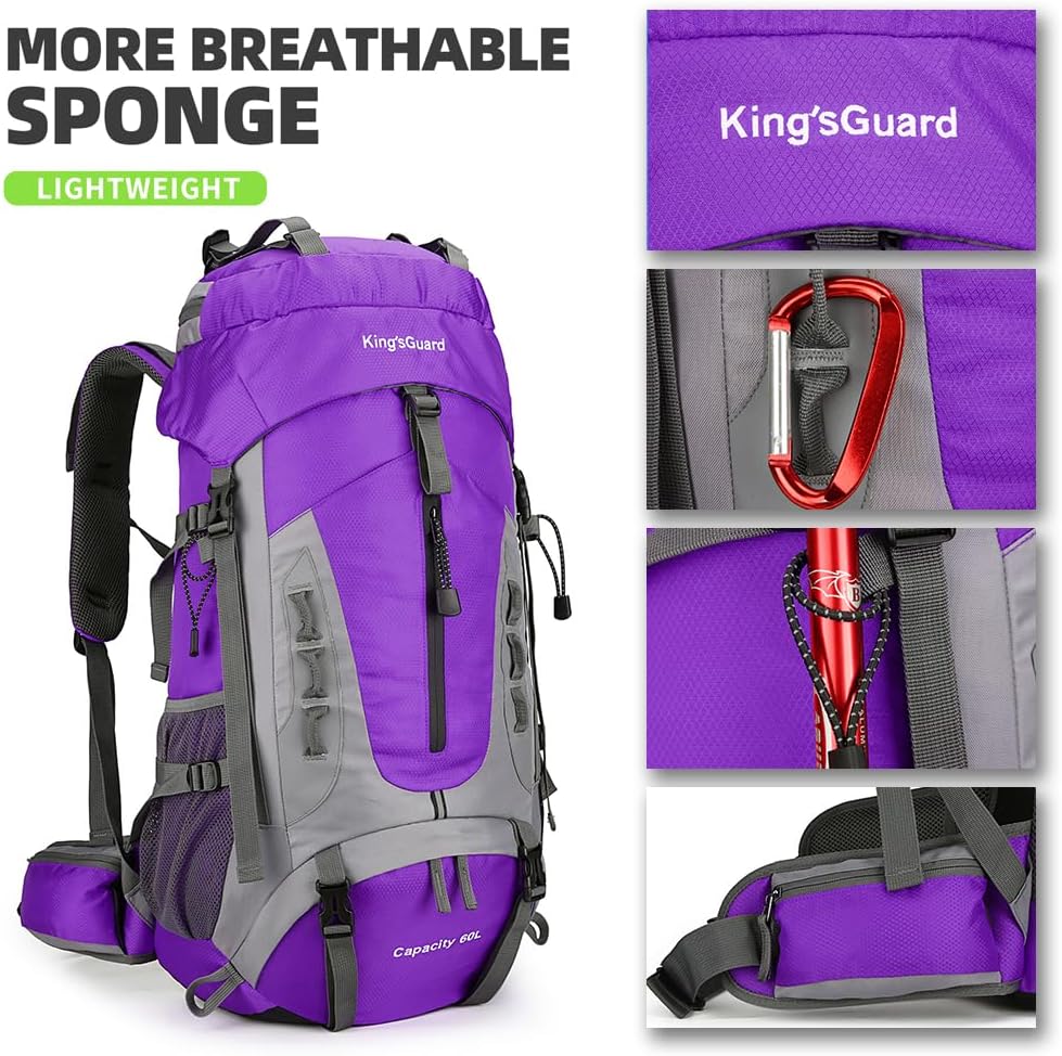 King'sGuard 60L Hiking Backpack Lightweight Camping Backpack with Rain Cover Large Waterproof Packable Outdoor Trekking Travel Backpack for Men Women (Purple) - Roamly