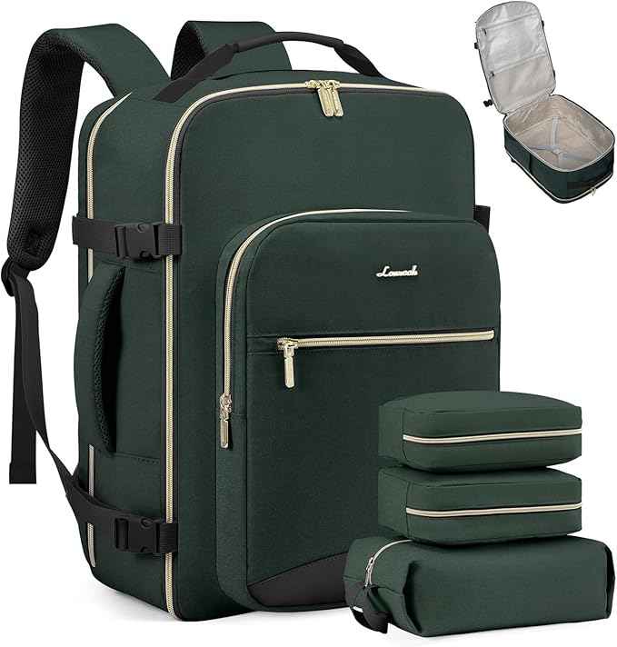 LOVEVOOK Travel Backpack for Women & Men 50L,Airline Approved Carry On Backpack Travel Essentials,TSA Carry on Luggage,Waterproof Personal Item Travel Bag Suitcase,3 Packing Cubes,Dark green-Black-1