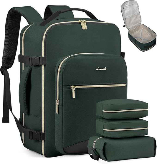 LOVEVOOK Travel Backpack for Women & Men 50L,Airline Approved Carry On Backpack Travel Essentials,TSA Carry on Luggage,Waterproof Personal Item Travel Bag Suitcase,3 Packing Cubes,Dark green-Black-1
