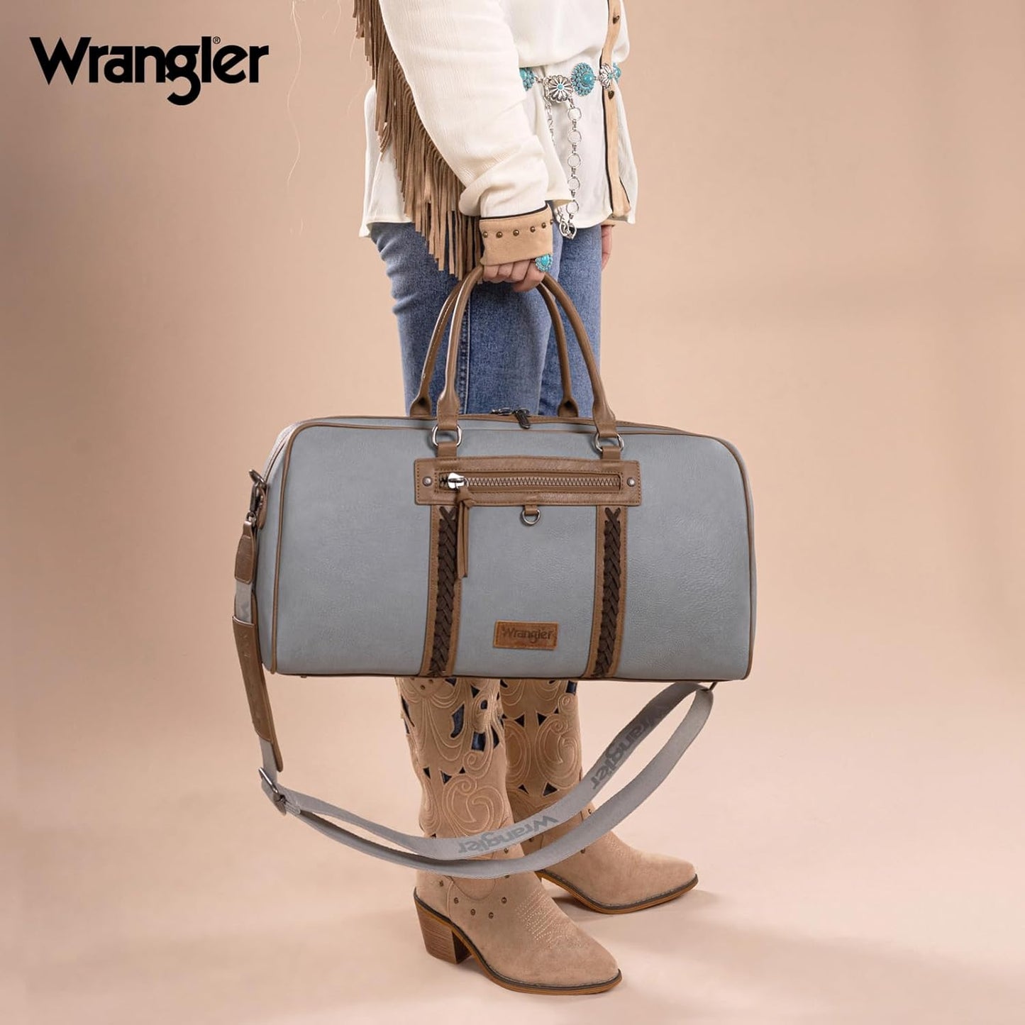Wrangler Travel Duffel Bag Large Weekender Bag for Women Designer Carry on Overnight Bag for Trips Leather Luggage Bag Jean WG185-5110JN - Roamly