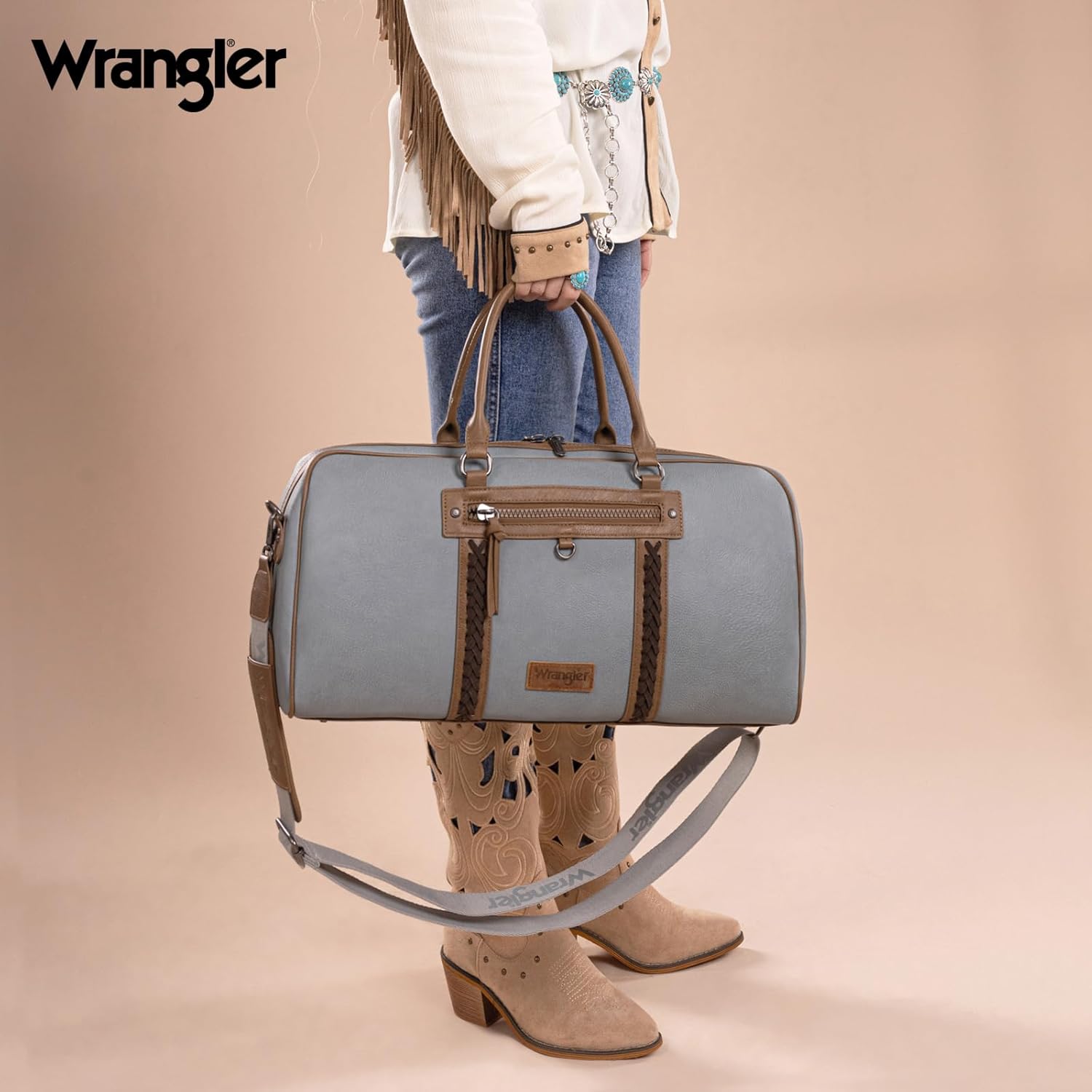 Wrangler Travel Duffel Bag Large Weekender Bag for Women Designer Carry on Overnight Bag for Trips Leather Luggage Bag Jean WG185-5110JN - Roamly
