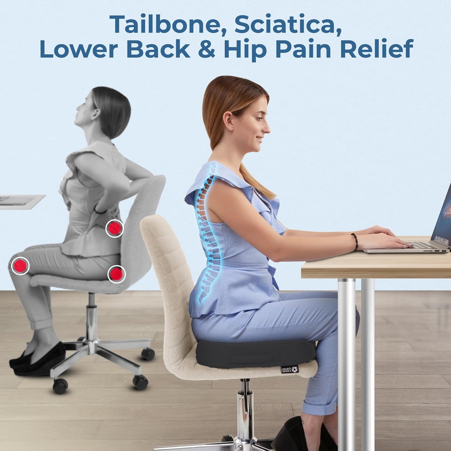 5 STARS UNITED Seat Cushion for Tailbone Pain Relief – Large Memory Foam Lifting Pillow for Coccyx, Hip, Sciatica & Post-Surgery Recovery – Wheelchair, Car, Desk, Gaming & Office Chairs, Dark Gray