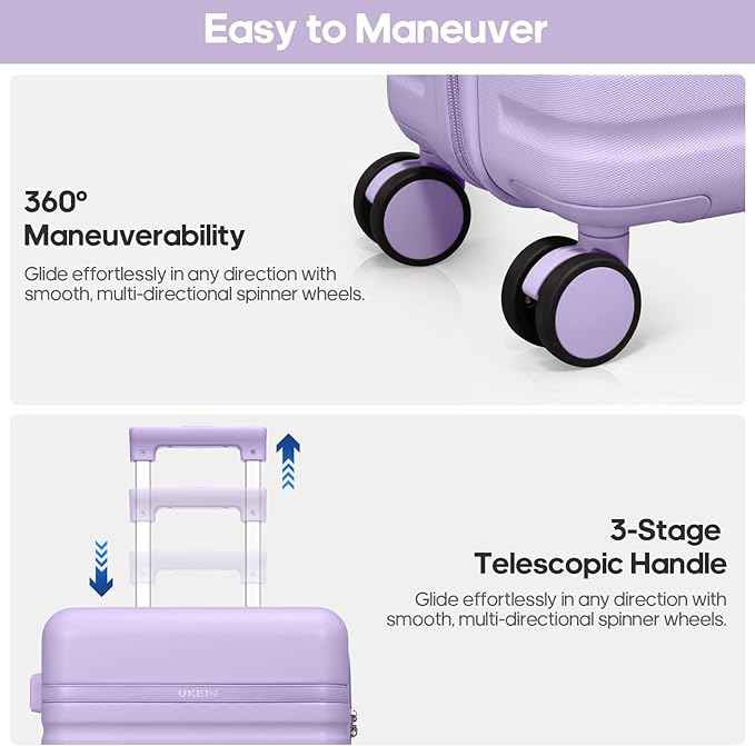 UKEIN Luggage Sets 3 Piece, Carry On Luggage 20In With Spinner Wheels,PC Hardside Suitcase Set with TSA Lock,Durable Carry On Suitcase With Travel Backpack for Men (Violet, 3 piece set (BP/20inch))